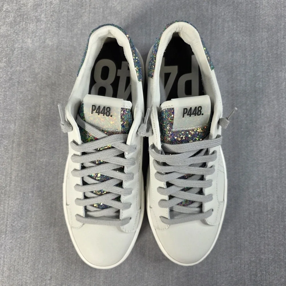 P448 Thea Sneakers Women's 38 White‎ Leather Purple Glitter Multi 7.5 NIB $298